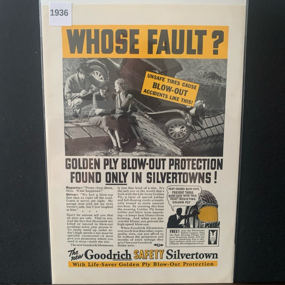 Vintage 1936 Goodrich Golden Ply Whose Fault Ad Advertisement